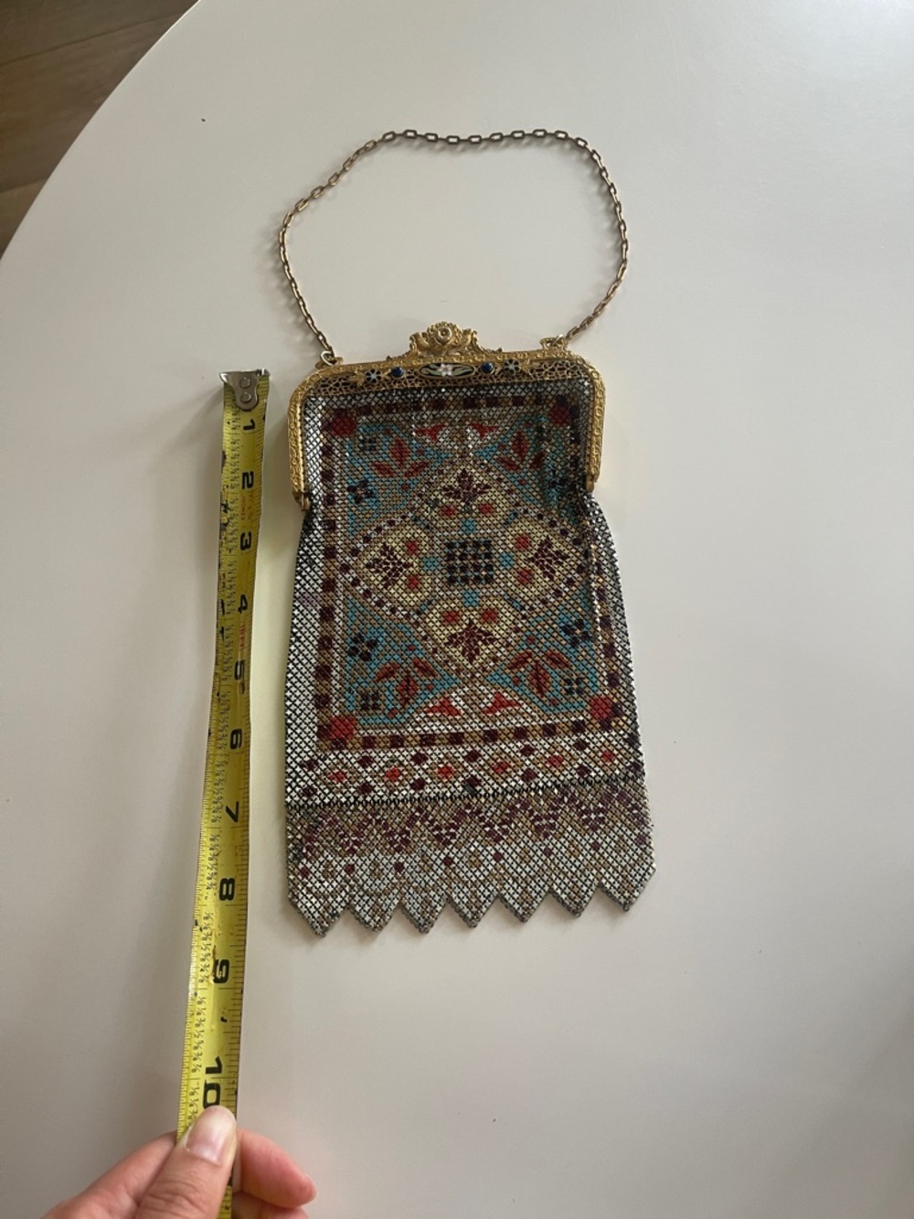 Antique 1920s Gold Mesh Evening Bag with Turquoise and Red Pattern - Picture 2 of 6
